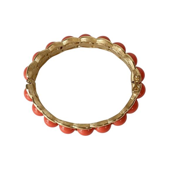 Vintage Crown Trifari Faux Coral and Gold-Plate Hinged Clamper Bracelet - Picture 5 of 6